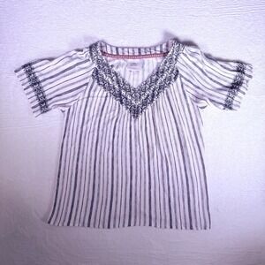 KNOX ROSE Striped Embroidered V Neck Short‎ Sleeve Blouse Bohemiam Women Size M